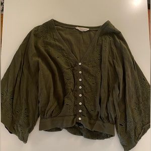 Women’s dark green top, flowy wide arms, buttons in front, v neck